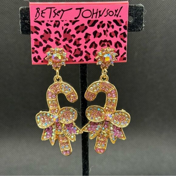 Betsey Johnson Jewelry - EARRINGS! Betsey Johnson Candy Cane Earrings BNWT AB Crystals Pink &Gold